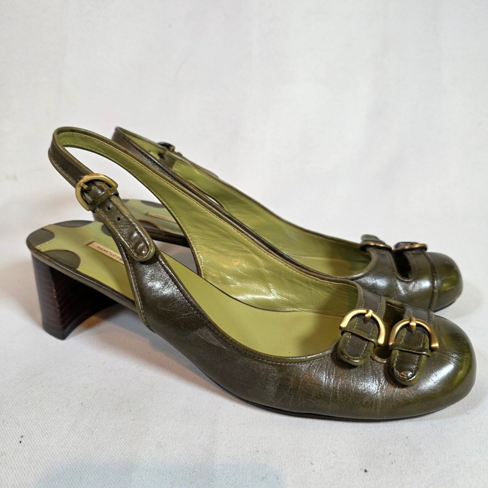 Max Studio Womens 8 Olive Green Leather Buckle Slingback Block Heel Pumps Y2K